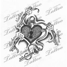 an old school tattoo design with two hearts and keys in the shape of a heart