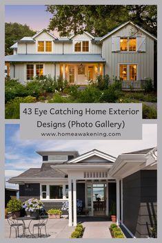 the front and side of a house with text that reads 43 eye catching home exterior designs photo gallery