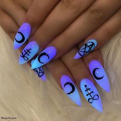 Anime, Metal, food, Art, Marijuana, Wicca, spiritual, money, sarcasm, laughter, Cats, long conversations, intellectual stimulation. Witch Nails, Witchy Nails, Halloween Acrylic Nails, Stiletto Nail Art, Gothic Nails, Goth Nails, Edgy Nails, Glow Nails, Nail Swag