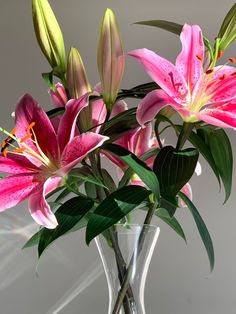 a vase filled with pink flowers on top of a table