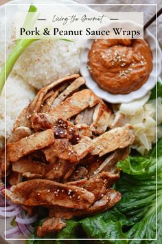 pork and peanut sauce wraps on a plate with lettuce