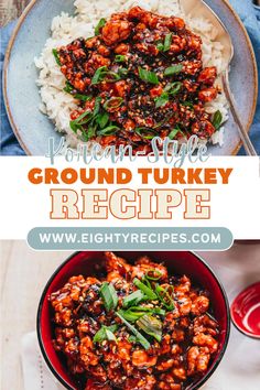 a bowl full of ground turkey and rice with the title in the middle above it