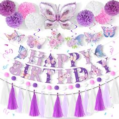 PRICES MAY VARY. 【 Butterfly Birthday Decorations】: Our butterfly party decorations will make your party special and will be a party highlight decoration. It is will definitely create a butterfly theme birthday atmosphere that reflects the personality of your birthday party 【Package Includes】: The butterfly birthday decorations includes 1 x happy birthday Banner, 6 x butterfly theme cardstock and hanging swirls(3 pink and 3 purple), 8 x pom pom flowers, 3x tissue paper pom, 1x dots garland, 1x b Pink And Purple Birthday Theme, Purple Birthday Party Decorations, Butterfly Birthday Decorations, Butterfly Birthday Party Decorations, Butterfly Birthday Theme, Butterfly Party Decorations, Purple Birthday Party, Butterfly Balloons, Butterfly Birthday Party