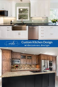 two pictures show the same kitchen design