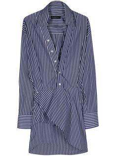 navy blue/white cotton vertical stripe pattern pointed collar V-neck long sleeves buttoned cuffs pleat detailing overlapping panel draped detailing rear box-pleat detail thigh-length asymmetric hem front button fastening Chic Long Sleeve Vertical Stripe Shirt Dress, Chic Long Sleeve Shirt Dress With Vertical Stripes, Chic Long Sleeve Dresses With Vertical Stripes, Striped Long Sleeve Mini Dress For Daywear, Long Sleeve Vertical Stripes Work Dress, Long Sleeve Vertical Stripe Work Dresses, Long Sleeve Dresses With Vertical Stripes For Work, Striped Long Sleeve Shirt Dress For Formal Occasions, Elegant Striped Long Sleeve Mini Dress