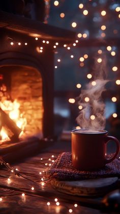 a cup of hot chocolate sitting in front of a fireplace with lights on the mantle