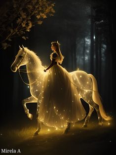 a woman in a white dress is riding a horse with fairy lights on its back