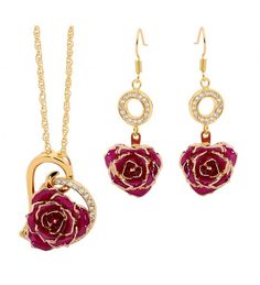 Purple Heart Theme Pendant and Earring Set Rose Gold Jewelry Set For Valentine's Day Gift, Luxury Pendant Jewelry Sets For Gift, Elegant Rose Design Jewelry For Valentine's Day, Elegant Gold Plated Jewelry With Rose Design, Elegant Rose Red Jewelry With Rose Design, Rose Red Flower Shaped Jewelry For Valentine's Day, Rose Red Jewelry For Valentine's Day Anniversary, Rose Red Flower-shaped Jewelry For Valentine's Day, Valentine's Day Flower Pendant Jewelry With Rose Design