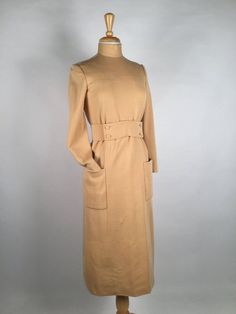 Vintage 1970s Norman Norell Dress, Light Camel Color, Long Sleeve Wool Day Dress, With Pockets, B 36 Vintage Belted Workwear Dresses, Vintage Belted Dresses For Work, Vintage Belted Dress For Fall, Vintage Belted Dresses For Fall, Vintage Long Sleeve Office Dresses, Fall Vintage Belted Dress, Vintage Beige Dress For Winter, Vintage Beige Winter Dress, Vintage Beige Dresses For Winter