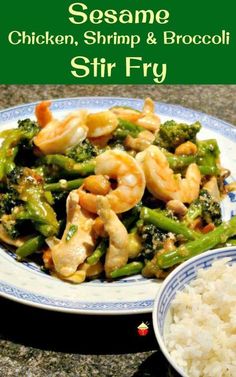 stir fry chicken, shrimp and broccoli with rice on a blue and white plate