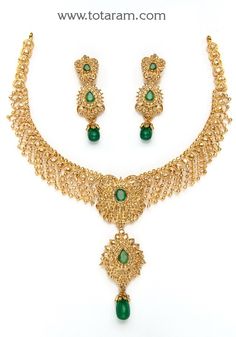 22 Karat Gold Necklace & Drop Earrings Set with Uncut Diamonds & Emerald
   - 235-DS386 - in 61.050 Grams for USD $7174.04. 
Made in India by Totaram Jewelers Online this product is in Gold - 22 Karat BIS Hallmark 916 KDM Gold  & is an excellent gift for Adult - Women. Ships fully insured with secured guaranteed delivery for free with your order over $250 from New Jersey USA & comes with 30 days exchange policy. Gold Temple Jewelry Style Emerald Necklace For Reception, Gold Emerald Necklace For Reception In Temple Jewelry Style, Traditional Gold Emerald Necklace For Reception, Gold Emerald Necklace For Receptions, Temple Jewelry Style, Gold Emerald Necklace For Formal Festivals, Festive Gold Emerald Necklace For Reception, Formal Gold Emerald Necklace For Festivals, 22k Yellow Gold Emerald Necklace For Wedding, Gold Emerald Necklace With Intricate Design For Reception