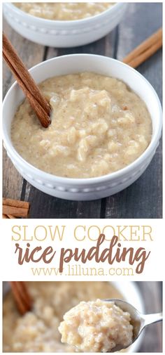 slow cooker rice pudding in a white bowl with cinnamon sticks