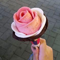 a person holding up a fake pink rose in their hand on the street with brick pavement