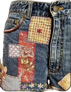 Jean Upcycle, Patch Pants, Sewing Jeans, Jeans Details, Denim Art, Patchwork Shorts, Upcycle Jeans, Denim Crafts