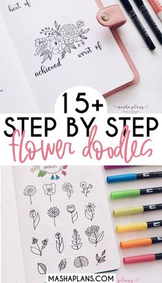 flowers and doodles with the text, 15 step by step flower doodles