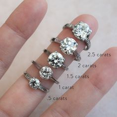 a person's hand with five different types of engagement rings on their fingers, and the measurements for each ring