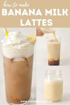 how to make banana milkshake lattees with whipped cream and chocolate syrup