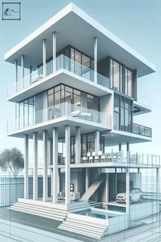 an architectural rendering of a house with stairs and balconies on the second floor