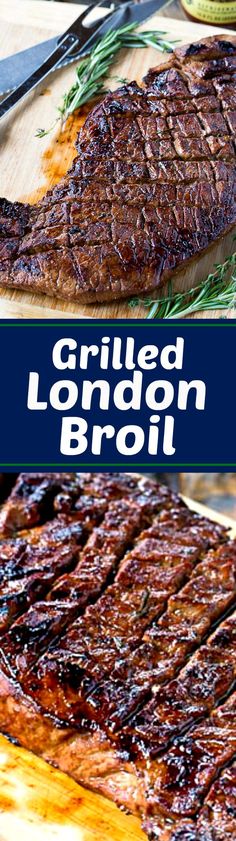 grilled london broil on a wooden cutting board