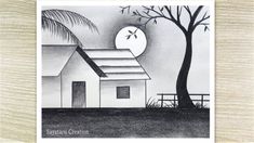 a black and white drawing of a house next to a tree with the moon in the background