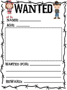 a wanted reward card for kids with barbed wire on the border and two children in cowboy hats