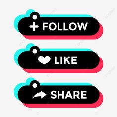 two black and red stickers with the words follow, like share on each one