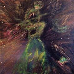 an abstract painting of a woman dancing with her hair blowing in the wind and stars