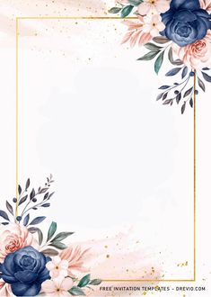 watercolor roses and leaves frame on a white background with a gold border in the middle