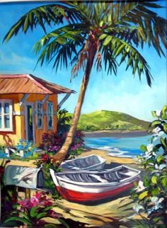 a painting of a boat on the beach with a house in the background and flowers around it