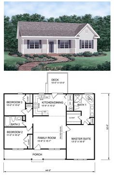 the floor plan for a small house with two bedroom and an attached garage, which is also