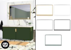 an image of a bathroom setting with mirrors and furniture in it's own color scheme