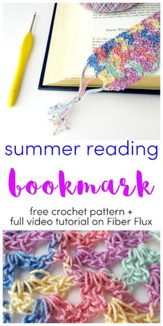 an open book with crochet and text reading summer reading bookmark