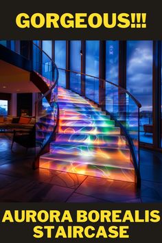 an advertisement for aurora boreals staircases with the stairs lit up and glowing brightly