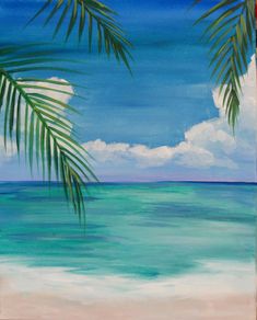 a painting of the ocean with palm trees