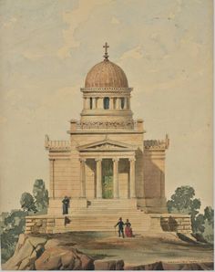 an old painting of people standing in front of a building with a dome on top