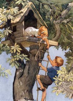 two children climbing up the side of a tree house on a ladder to get into it