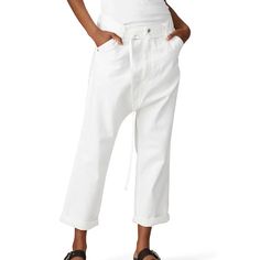 White Denim (100% Cotton). Jeans. Drop Crotch. Hidden Zipper Fly With Button Closure. Adjustable Belt At Waistline. Side Pockets. Back Pockets. Inseam: 24". Rise: 17.5", Back Rise: 19.5". Leg Opening: 16.5". 34" From Waist To Hemline. Imported. White Cotton Parachute Pants With Side Pockets, White Full-length Pants With Side Pockets, White High-waisted Parachute Pants With Elastic Waistband, White Non-stretch Jeans With Pockets, White Non-stretch Denim Pants, Adjustable Belt, White Denim, Pant Jumpsuit, What To Wear