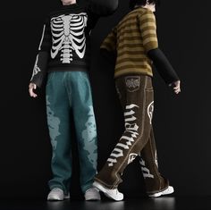 two dolls are standing next to each other in front of a black background and one is wearing a skeleton shirt