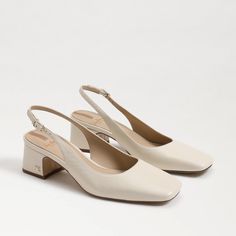 The low block heel and slingback of our Terra's combine for an effortlessly chic look.Heel Height: 2 inches. Toe: Square. Closure: Buckle. Material: Leather & Synthetic. Insole: Synthetic.  . Square Toe Slingbacks, Slingback Low Heels, Summer Work Shoes, Ivory Heels, Feminine Shoes, Summer Heels, Square Toe Heels, Womens Summer Shoes, Shoe Inspo