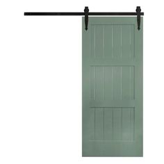 a green sliding door with black hardware on the top and bottom bars, against a white background