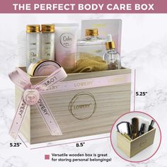 the perfect body care box is shown with its contents in it and information about how to use