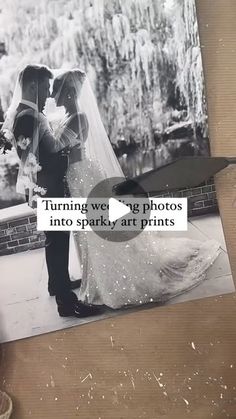 a couple standing next to each other in front of a photo with the words turning we're photos into sparky art prints