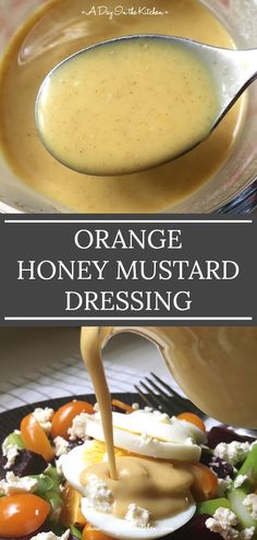 orange honey mustard dressing being drizzled over salad