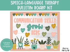 speech language therapy bulletin board kit with plants and potted cacti on it