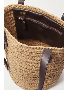 SAINT LAURENT Panier small leather-trimmed raffia tote Saint Laurent Bag, Dark Brown Leather, Leather Top, Perfect Summer, Net A Porter, Leather Trims, Women Collection, Luxury Design, Brown Leather