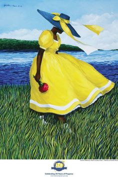 a painting of a woman in a yellow dress and blue hat walking through tall grass