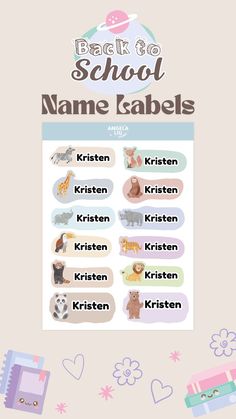 back to school name labels with animals and hearts on the bottom, in pastel colors