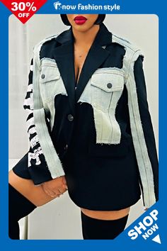 Black Casual Letter Print Turndown Collar Long Sleeve Formal Office Lady Patchwork Denim Blazer Jackets Denim Style Casual, Denim Blazer Jacket, Steet Style, Patchwork Fashion, Formal Office, Loose Hoodie, Patchwork Denim, Denim Blazer, Plus Size Jumpsuit