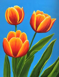 three orange tulips against a blue sky