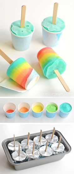 ice cream popsicles with rainbow colors are ready to be made in the kitchen or on the table